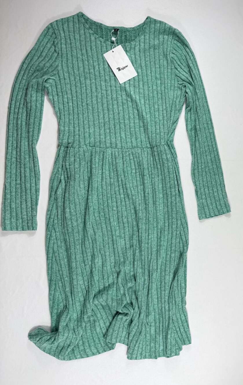 Riyiper Green Ribbed Knit Long Sleeve A-Line Midi Dress